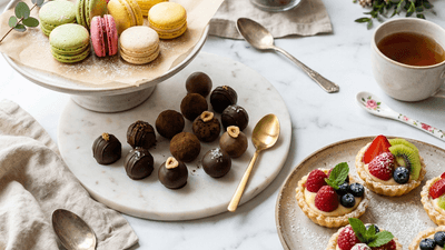 Elegant dessert spread with French macarons chocolate truffles and fruit tarts