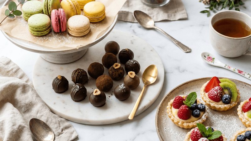 Elegant dessert spread with French macarons chocolate truffles and fruit tarts